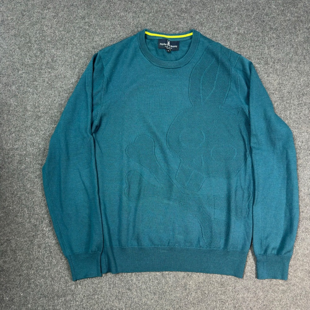 Psycho Bunny Men's M 100% Merino Wool Teal Skull Bunny Crewneck Sweater